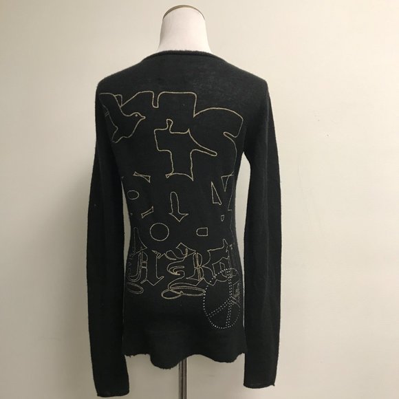 291 Venice black cashmere henley sweater graphics PEACE sign crystal sweater S - Picture 7 of 10